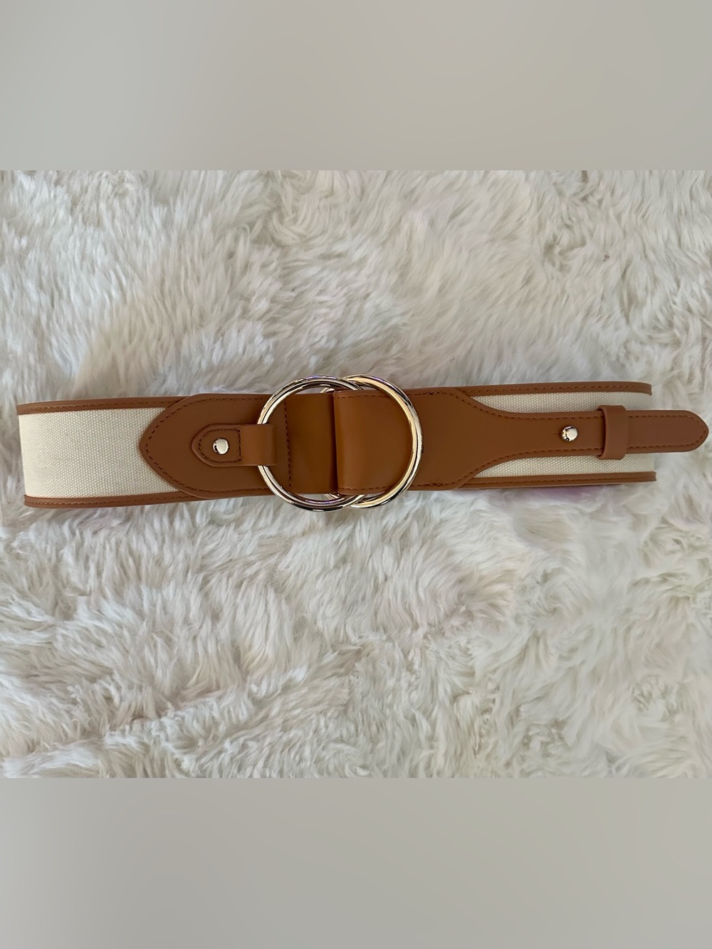 White House Black Market Tan Cream Canvas Double-Ring Waist Belt Silver Trim